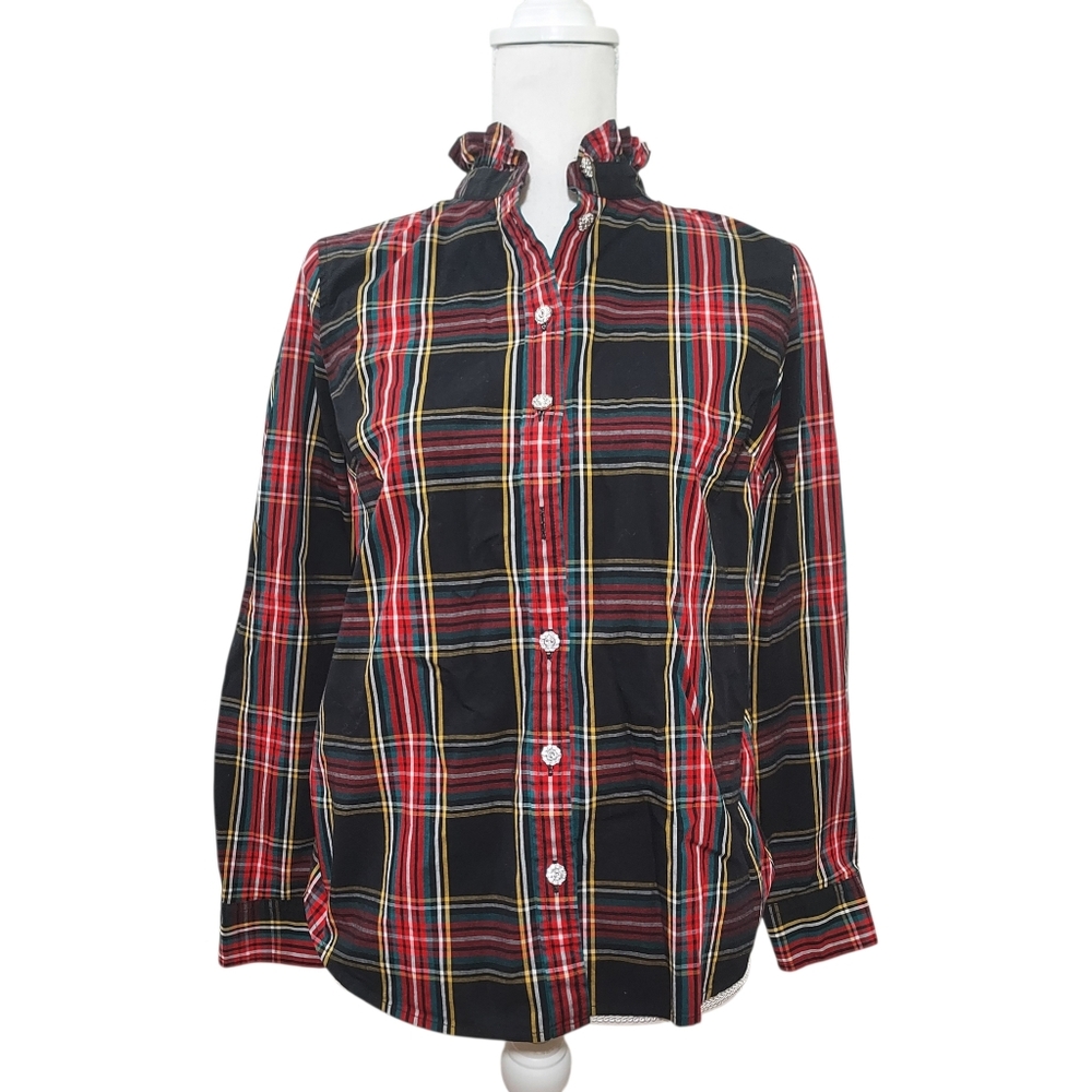 J. Crew Factory Jewel Button Ruffle Tartan Shirt S